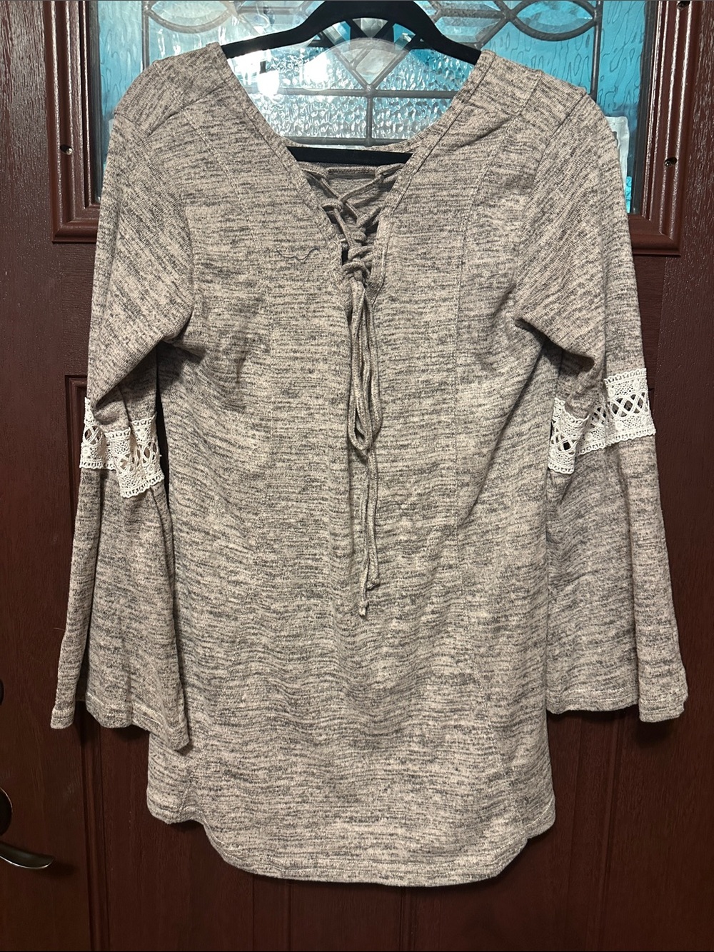 WinWin Heather Gray Lace-Up Tunic with Crochet Sleeve Trim
